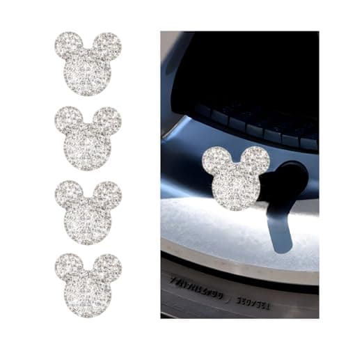 KHGUZ Bling Car Tire Valve Stem Caps, 4PCS Dustproof Crystal Rhinestone Cartoon Mouse Design, Sparkling Attractive Auto Wheel Decoration Accessories, Universal Fit (White)