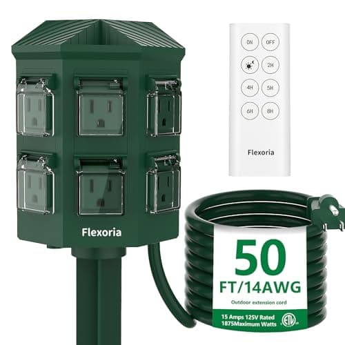 Flexoria Outdoor Power Stake Timer, Remote Control Dusk to Dawn Light Timer, 50FT Extension Cord Waterproof, 6 Grounded Outlets for Graden and Yard Decorations, ETL Listed