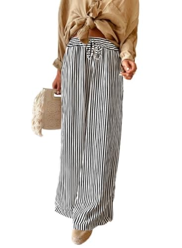 Acelitt Women Casual Black Striped Drawstring High Waist Wide Leg Pants 2X