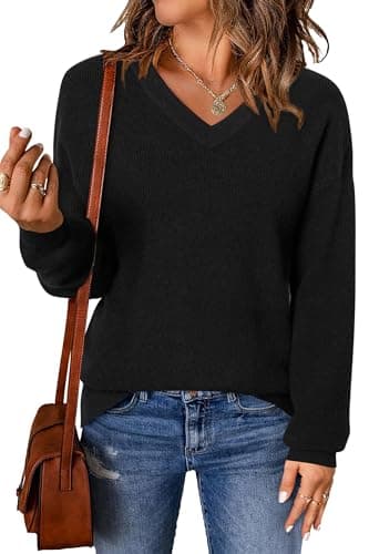 Arach&Cloz Sweaters for Women Wool Blend 2026 Spring Winter Fashion Clothes Pullover Tops Trendy Clothing V Neck Long Sleeve Dressy Business Casual Blouses Knit Cashmere Outfits Black XL