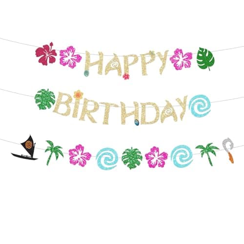 Hawaiian Happy Birthday Banner - Glittery Gold Birthday Banner for Party Decorations Birthday Sign Tropical Luau Summer Baby Shower Decor Party Supplies Decor