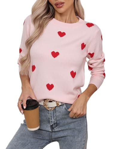 Allifewithu Women's Long Sleeve Crew Neck Pullover Sweaters Lightweight Heart Sweater Pink
