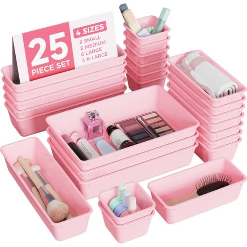 BiuLeon 25 PCS Plastic Drawer Organizers Set, 4-Sizes Vanity and Makeup Organizer, Desk and bathroom Drawer Organizer Trays, Organizers and Storage for Makeup, Jewelry, Gadgets, Utensils (Pink)