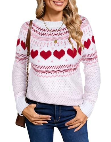 Alsol Lamesa Women's Fair Isle Sweater Casual Crewneck Long Sleeve Heart Sweater Vintage Knit Jumper Tops D White