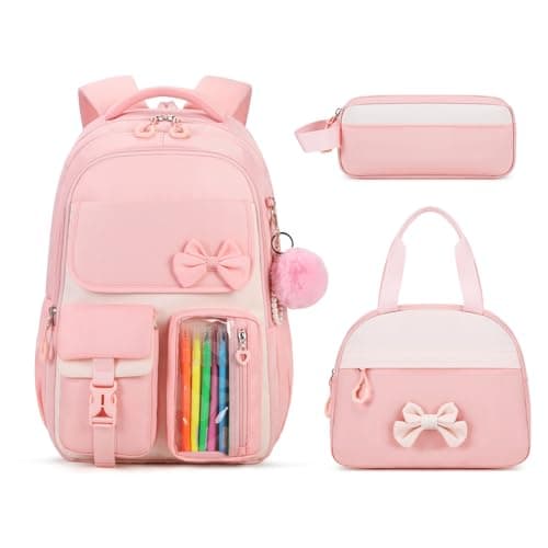 ASKSKY Girls Backpack, School Backpack for Girls, Cute Bow Kids Bookbag for Grils Children Teens for Elementary Middle High School Student, Back To School, Pink 3pcs
