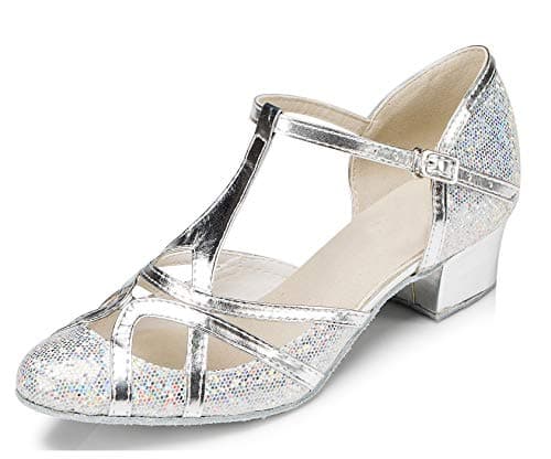 Minishion Women's T-Strap Dance Heels Glitter Salsa Ballroom Shoes Wedding Party Pumps QJ6133 Silver 3.5cm Heel US 9.5