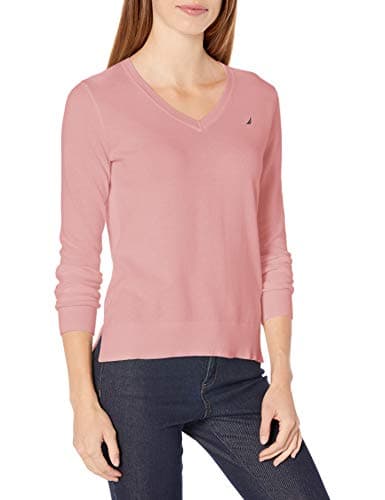 Nautica Women's Effortless J-Class Long Sleeve 100% Cotton V-Neck Sweater Sweater, Orchid Pink, X-Large