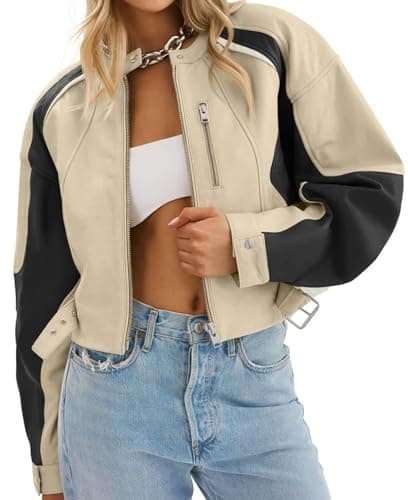 Tankaneo Womens Faux Leather Bomber Jackets Cropped Zip Up Color Block Fall Casual Moto Biker Coats