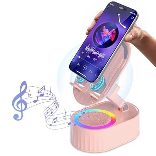 AKLLCCR Wireless Induction Audio Bluetooth Speaker 5in1 Phone Holder Emergency Rechargeable (3000mAh) with Colorful Ambient Light 300° Foldable for Tablet iPhone Android, Womens Birthday Gifts(Pink)