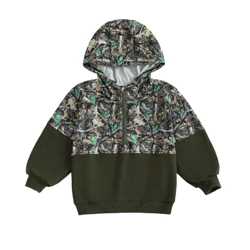 allshope Toddler Baby Boy Camo Hoodie Half Zip Long Sleeve Hooded Sweatshirt Little Kids Hunting Clothes Pullover Outfit (Green B, 5-6 Years)