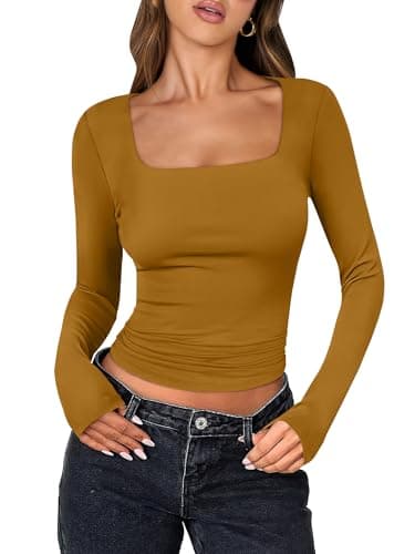 ANRABESS Long Sleeve Shirts for Women Double Lined Crop Tops,Caramel,L