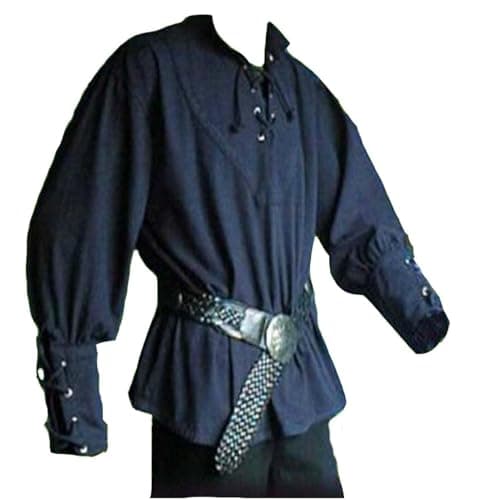 JIEFULL Men's Medieval Pirate Costume- Vintage Stand Collar Bandage Blouse- Mercenary Scottish Wide Cuff Shirt(Blue 3XL)