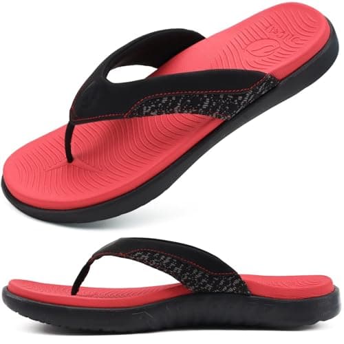 ONCAI Sandals for Men, Comfort Orthotic Plantar Fasciitis Beach Sport Athletic Soft Flip Flops with Yoga Foam Arch Support Black/Red Size 11
