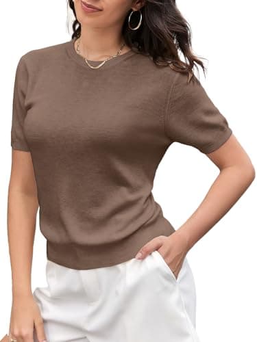 SANGTREE Short Sleeve Sweater for Women Crewneck Summer Knit Tops Brown,S