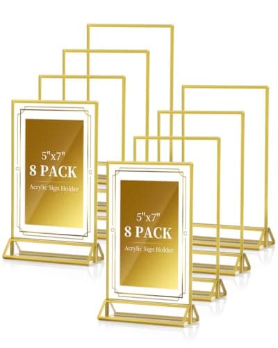 Dynta Acrylic Sign Holder 5x7in Double-Sided Display Stand with Gold Frame Clear Table Sign Holders for Wedding Party Restaurants Home Office(8 Pack)
