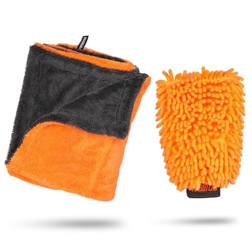 PROTEXO 24"x36" Twisted Loop Car Drying Towel & Wash Mitt | 1200GSM Ultra Thick & Absorbent Detailing Towels | Large Microfiber Cleaning Cloth for Washing & Polishing | Micro Fiber Rags for Car Care