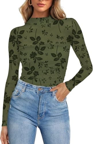 Poetsky Womens Lace Sheer Floral Mesh Mock Neck Tops Army Green XXL