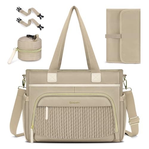 RAINSMORE Diaper Bag Tote, Large Capacity Diaper Bag Waterproof Baby Bag Multifunctional Travel Diaper Tote with Pacifier Case & Changing Pad, Khaki