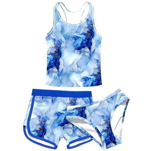 uideazone 15-16 Years Teen Girls 3 Piece Bathing Suits 3D Printed Hawaiian Tropical Theme Swimsuit with Shorts Summer Marbling Bikini Swimwear Sets for Vacation