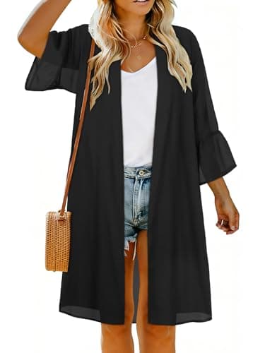 Women's Summer Kimono Sheer Swimsuits Coverup Mesh Chiffon Beach Casual Resort Swimwear（Solid Black,M