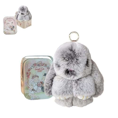 BOVVSKY Bunny Keychain with Box, Bunny Keychain with Tin, BunnyCute Plush Key chain (Frost Grey)