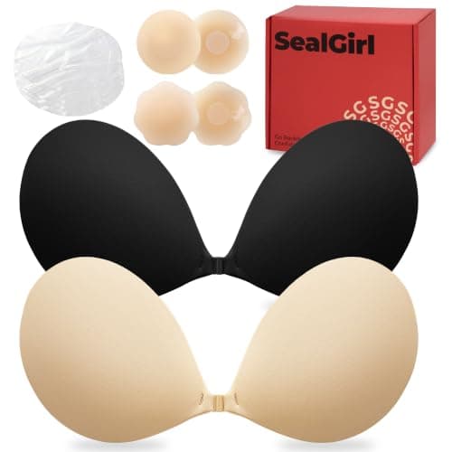 SealGirl Sticky Bra Push Up - 2 Pairs Backless Strapless Bra Invisible Adhesive Bras for Wedding Prom with Nipple Pasties