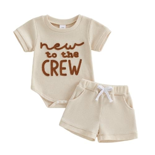 allshope Newborn Baby Girl Summer Outfit Romper New To The Crew Embroidery Jumpsuit Tops Shorts Infant Waffle Clothes (New To The Crew Apricot, 3-6 Months)