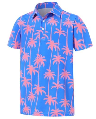 Cuddomper Boys Hawaiian Polo Golf Shirt Pink Palm 7-8 Years