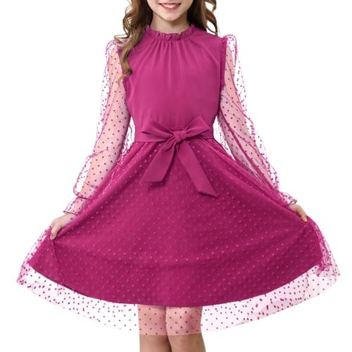 Rolanko Girls Contrast Mesh Dress with Belt, Puff Long Sleeve A-Line Polka Dot Tulle Party Dresses(Rose, 7-8 Y)
