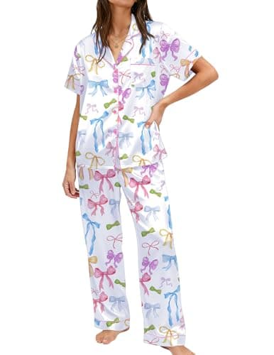 Ekouaer Womens Silky Satin Pajamas Set Short Sleeve Button Down Sleepwear 2 Piece Lounge Set Pj Set Colorful Bow Knot X-Large