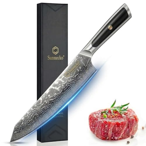 Sunnecko 8 Inch Japanese Damascus Chef Knife - Professional VG10 Super Steel Kitchen Gyuto, Ultra Sharp Meat Vegetable Slicing Cuchillo, Full Tang Ergonomic Handle, Premium Mom Gift Box for Cooking