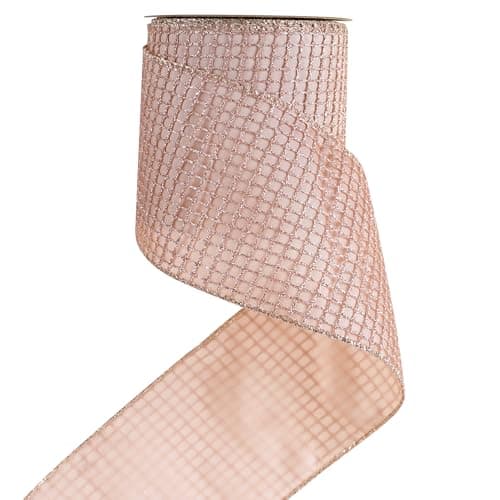 HUIHUANG Rose Gold Glitter Square Mesh Wired Ribbon 4 inch x 10 Yards