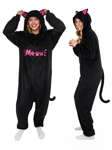 ROC PARTY Black Cat Onesie Costume for Adults - Meow Animal One-Piece Pajamas Sleepwear for Halloween Cosplay & Party (Meow Cat, X-Large)