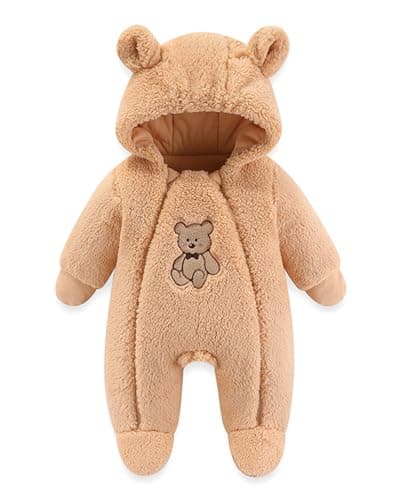 JiAmy Baby Snowsuit Hooded Romper Winter Outfits Boys Girls Cartoon Bear Fleece Jumpsuit Brown Bear 6-9 Months