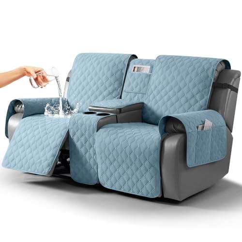 TAOCOCO 100% Waterproof Loveseat Recliner Cover with Center Console, Reversible Reclining Couch Cover for 2 Seats with Leg Straps, Washable Split Sofa Cover Protector for Pets Kids (Sky Blue)