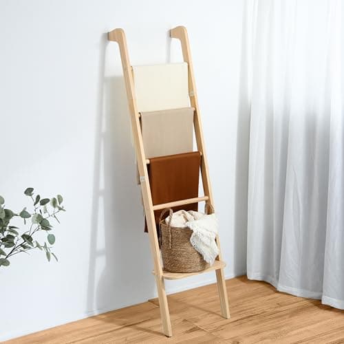 Taozun 66in Boho-Style Blanket Ladder for Living Room Decor, Wall-Leaning Farmhouse Display Towel Rack for Throw Quilt with Ladder Shelf, Wooden Blanket and Towel Holder for Bathroom