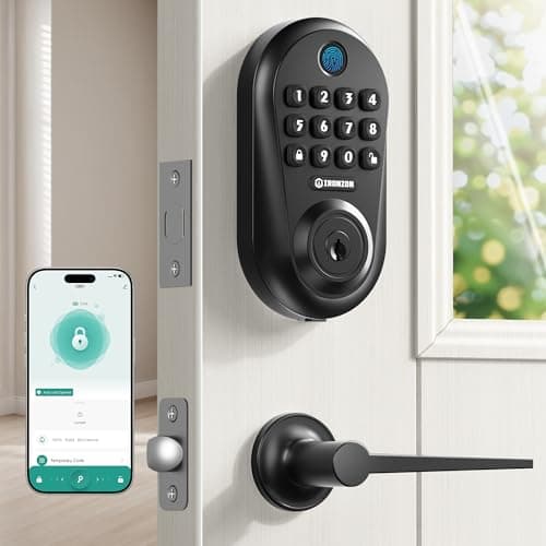 IRONZON Keyless Entry Door Lock,5-in-1 Smart Lock for Front Door,Fingerprint, Keyless Entry & Auto-Lock Deadbolt with Handle Set, Remote Control via App, Easy Install - Black