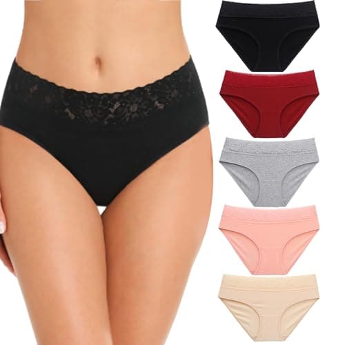 Cameway 5 Pack Womens Underwear Cotton Bikini Panties Lace Soft Hipster Panty Ladies Stretch Full Briefs (Medium, Multi A)