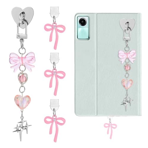 FNANJWQ 4Pcs Cute Charms Set, Including Dust Plug Charm Type C/USB C, Heart Grip Holder, Bling Keychains with Hook Accessories, Charms Compatible for E-Reader/Phone