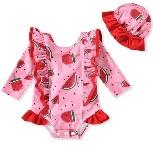 HINTINA 3 Month Baby Girl One Piece Rash Guard Swimsuit Infant Long Sleeve Watermelon Bathing Suit with Hat Swimming Wear Beach Swimwear 3-6 Months