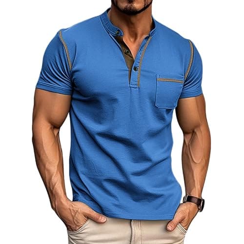 Lexiart Mens Casual Short Sleeve Henley Shirts Button Tee Shirts Basic Classic Shirt with Pocket Blue