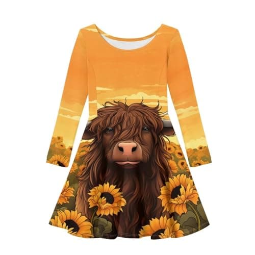 Upetstory Highland Cow Dresses for Girls Long Sleeve Casual Dress Size 13-14 A-line Twirly Skater Dress One-Piece Skirt Swing Midi Dresses School Outfit Holiday Clothes