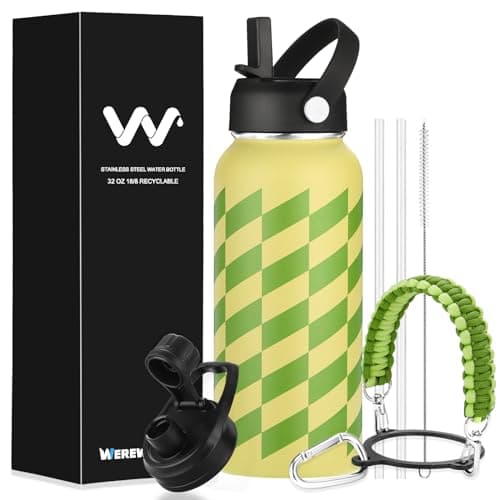 WEREWOLVES Personalized Insulated Water Bottle with Paracord Handle Straw Lid & Spout Lid, Vacuum Stainless Steel Wide Mouth Water Bottle for Adults (No Strap-Green Lattice, 32 Ounces)