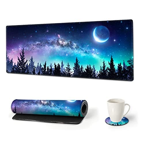 AIMSA Large Gaming Mouse Pad Extended Mouse Pad with Stitched Edge, Keyboard Mouse Mat Non-Slip Rubber Base Desk Pad 31.5x11.8 inch for Office Home Game Work, Forest Moon Sky