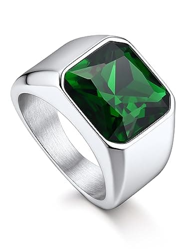 Bandmax Green Cubic Zirconia Ring for Women Men Stainless Steel Emerald Ring Signet Band Ring Engagement Ring May Birthstone Ring for Women Size 7