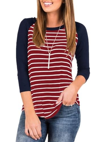 INFITTY Women's 3/4 Sleeve Raglan Striped T Shirt Round Neck Baseball Loose Blouse Tunic Tops Burgundy Medium
