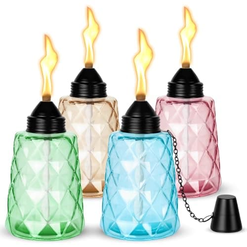 4-Pack Citronella Torches for Outside, 12oz Glass Table Top Torch Canisters with Fiberglass Wicks & Snuffer Caps, for Outdoor Dining Bar Patio Table Decor, Multi-Color