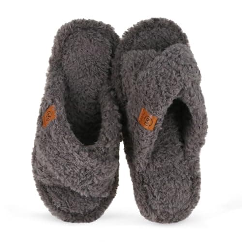 Maysogno Fuzzy Memory Foam Open Toe House Slippers for Women Bedroom Cross band Slide Shoes Indoor Outdoor Sole Grey 9.5-10