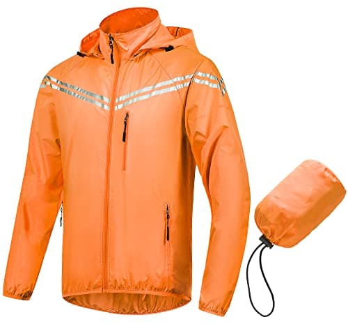 CREATMO US Men's Lightweight Hooded Raincoat Waterproof Packable Windbreaker Rain Jacket Ponchos For Cycling Orange XL