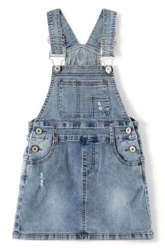 KIDSCOOL Girls Casual Soft Ripped Jeans Overalls Dress A-Line Denim Skirt